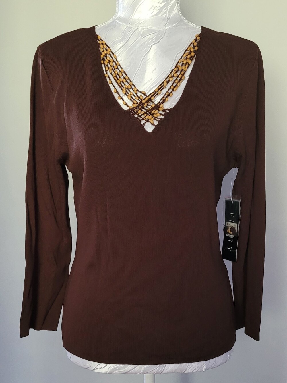 NWT! Finity Brown Long Sleeve V-Neck Top with Beaded Trim Size L
